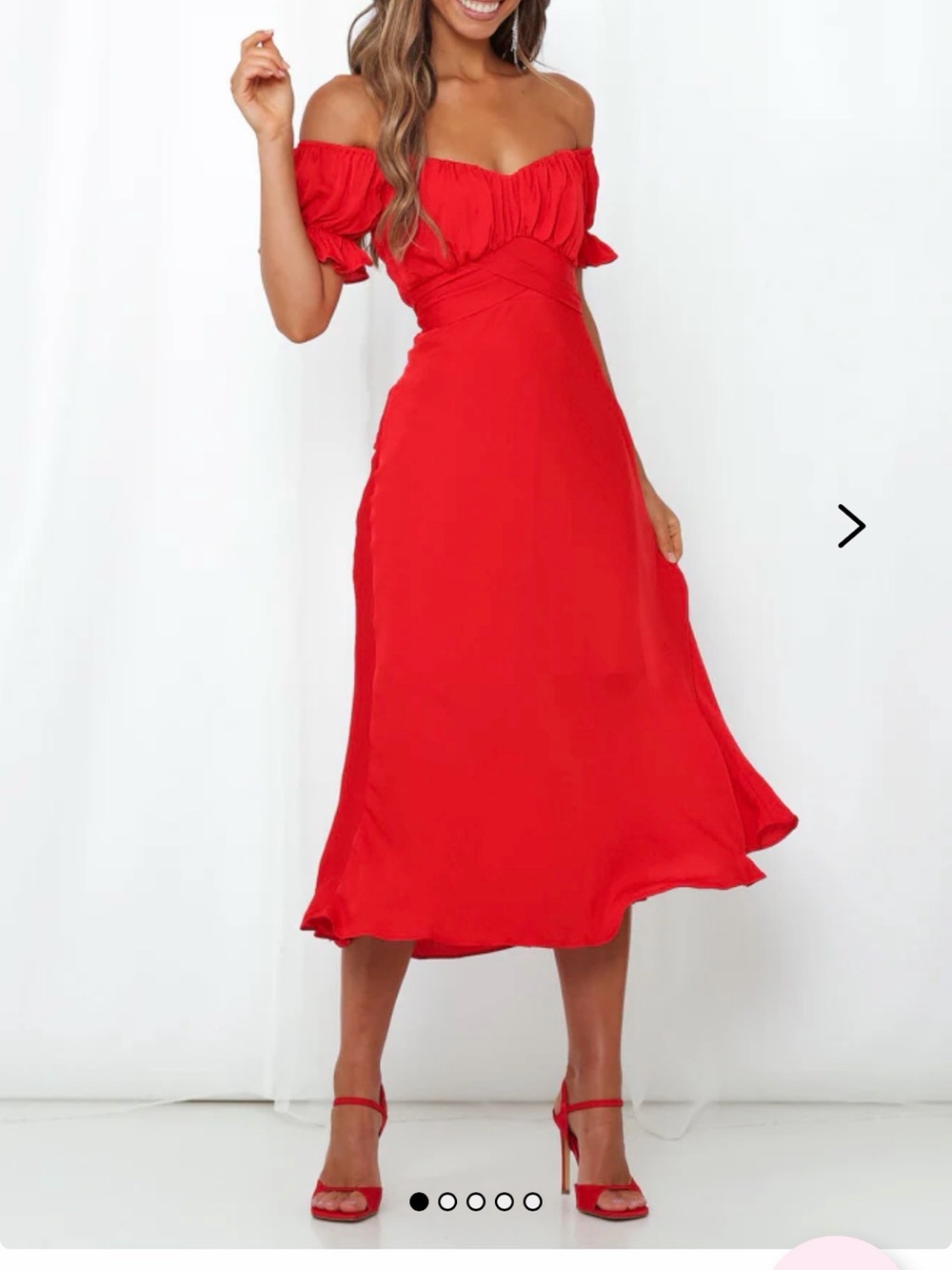 Hello Molly Sky Child Red Off-Shoulder Midi Dress